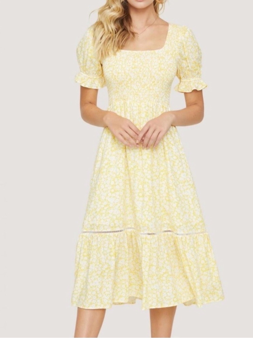 LOST + WANDER Sweet Summer Daze Smocked Midi Dress Yellow White Floral Size S